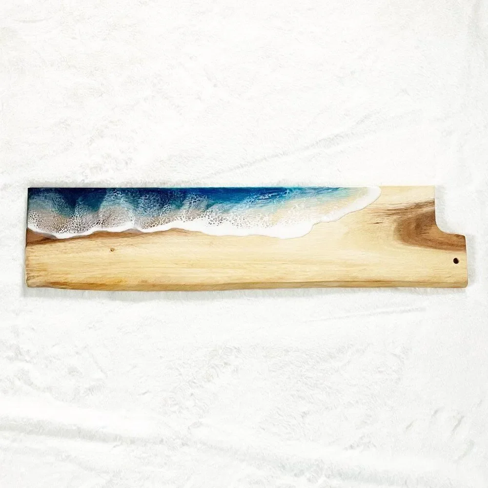 Coastal Ocean Wave Resin Art Extra Long Live-Edge Serving Board